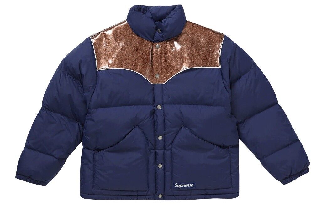 Supreme Glitter Yoke Down Puffer Jacket FW22 Navy Blue Men's Size