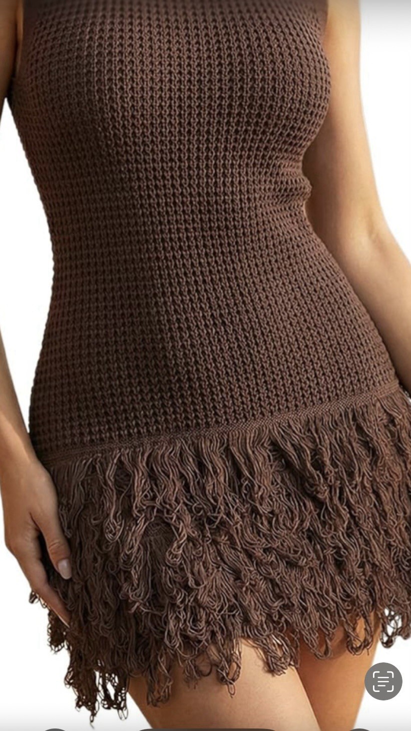 Women's Brown Knit Fringe Mini Dress Sleeveless Scoop Neck Size XXL Acrylic