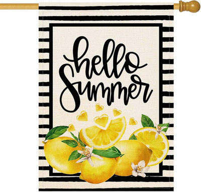 Hello Summer House Flag Double Sided Black Stripes Lemon Fruit Cool Summer Garde