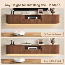 70in Floating TV Stand with LED Lights Power Outlet Fluted Wood Design