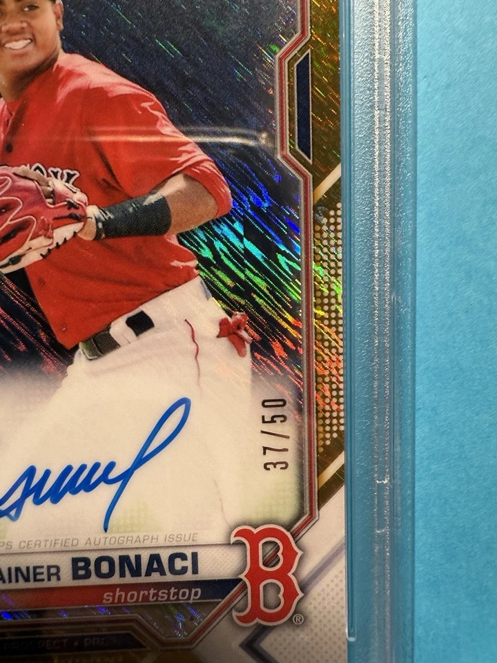 BRAINER BONACI 2021 BOWMAN CHROME GOLD SHIMMER AUTO PSA 9 37/50 Cpabb Redsox 1st - Image 3 of 3