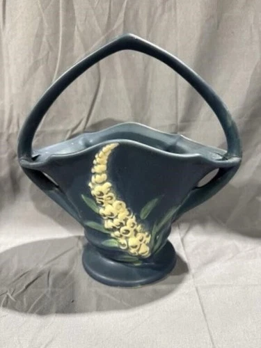 Vintage Roseville Foxglove Dark Blue Pottery Basket Vase 375-12 Reproduction