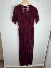 Gianni Bini Burgundy Embroidered Lace Romper Deep V Maxi Dress Sheer Boho Small