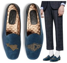 GUCCI SHOES MENS VELVET EMBROIDERED LOGO HEART BEE LOAFERS $1,260 sz 9 US 9.5