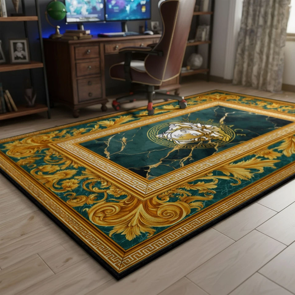 绿色范思哲地毯,金色希腊钥匙地毯,装饰美杜莎风格垫子装饰 — 第 3/4 张图片