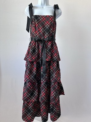 NWT Francesca s Charlotte Red Green Plaid Tiered Midi Dress, Sz: S (b33)