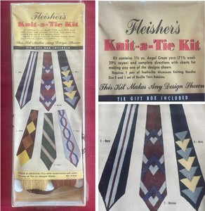VINTAGE c. 1940 FLEISHER’S KNIT-A-TIE NECKTIE KNITTING KIT WITH WOOL & PATTERN