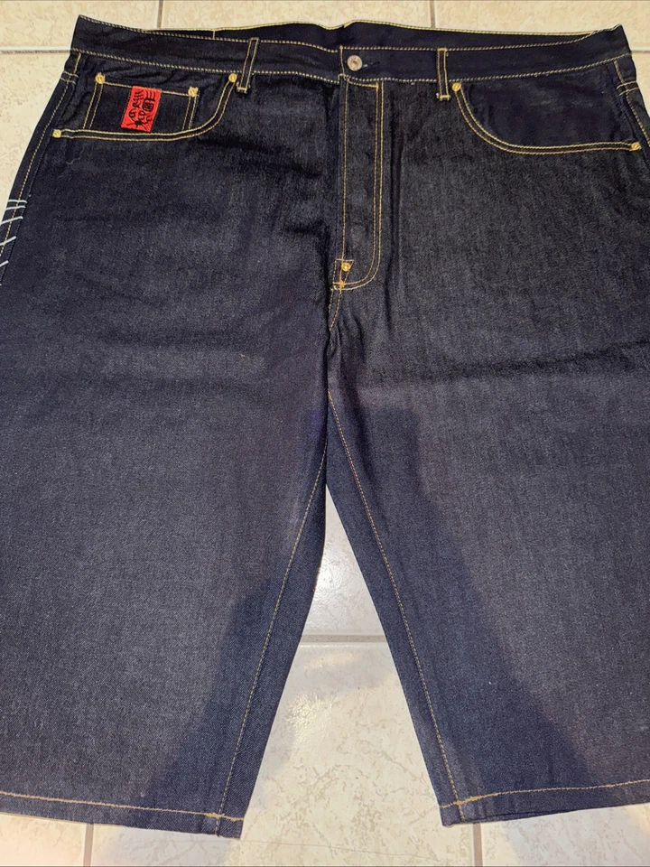 Vintage 44 Evisu Heifetgens Blue Denim Embroidered Y2K Baggy Shorts Koi Tsu NWOT - Image 4 of 4