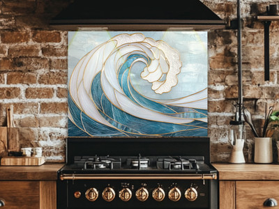 Luxury Artistic Wave Kitchen Backsplash Glass Panel - Blue and Gold 18'' x 30''