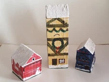 Set of 3 FOLK ART WOOD BLOCK HAND-PAINTED VILLAGE BARN HOUSE Winter Holiday Home