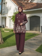 2Pcs Sets Muslim Women Abaya Causal Kaftan Embroidery Blouse Top Wide Leg Pants