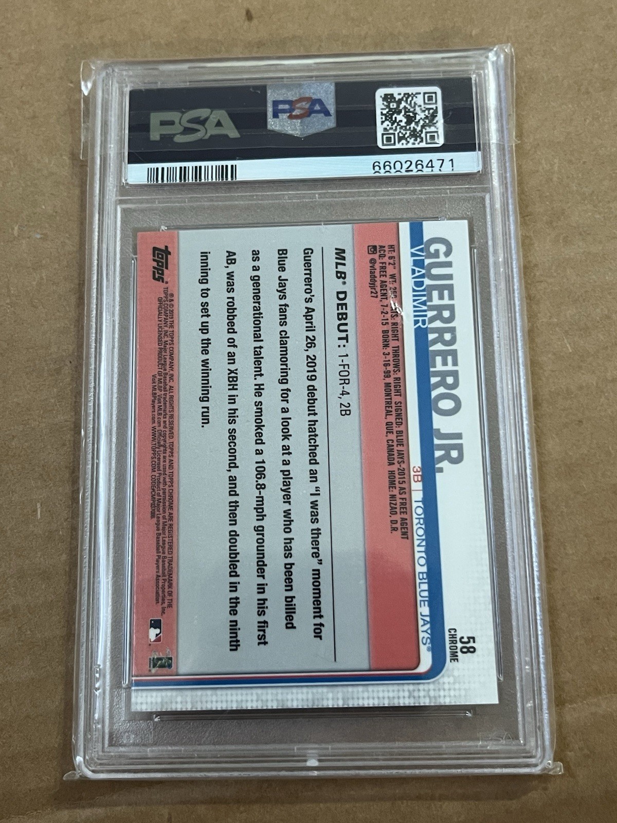 2019 Topps Chrome Update Debut RC Pink Refractor VLADIMIR GUERRERO JR #58 PSA 9 view 2