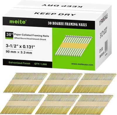1,000 Counts 30 Degree Framing Nails 3-1/2'' x .131'' Galvanized Coated Smooth