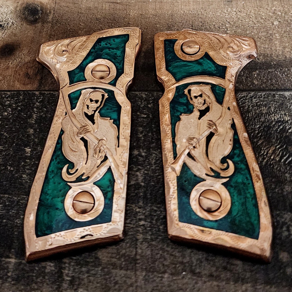 Santa muerte Mexican premium grips cachas green rose gold Plated