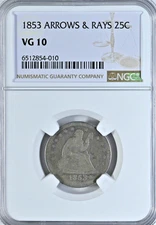 1853 25C Arrows & Rays Seated Liberty Quarter  NGC VG 10 GRADED Coin