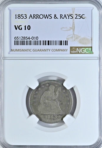 1853 25C Arrows & Rays Seated Liberty Quarter  NGC VG 10 GRADED Coin
