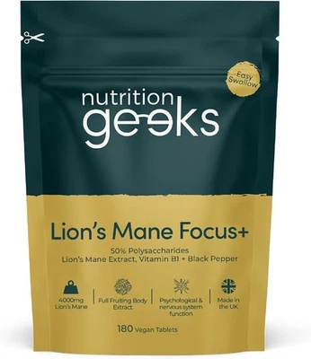 NUTRITION GEEKS Lions Mane Supplement 4000mg with Vitamin B1 & Black Pepper, 180 Vegan Tablets