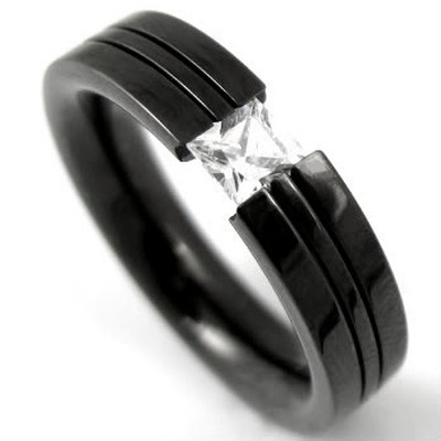 Black Plated TITANIUM TENSION RING with 4mm Square CZ & ACCENT, size 10