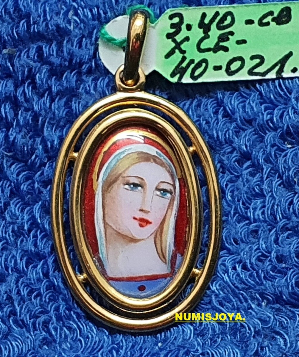 Médaille Vierge En Or 18 Carats Avec émail Au Feu - Artisanal, 3,40 G | Bijou Religieux