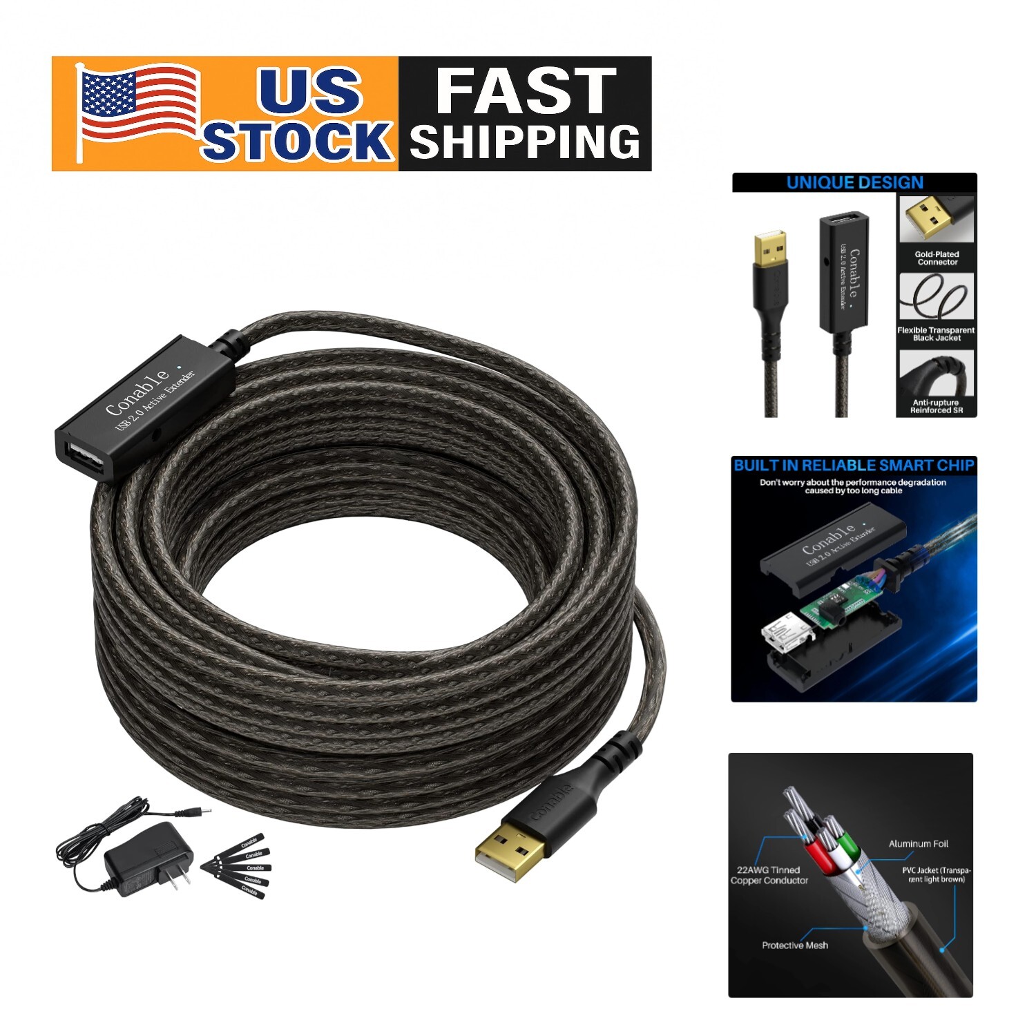 50ft Braided USB 2.0 Male to Female Extension Cable with Enhanced Signal Stability