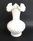 Vintage FENTON White Hobnail Art Glass Vase 11" Tall Milk Glass Ruffled Edge