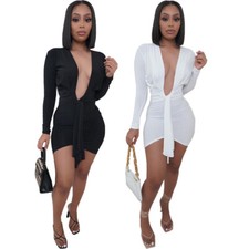 New Women Sexy Long Sleeves Deep V Neck Bandage Patchwork Solid Club Dress Party