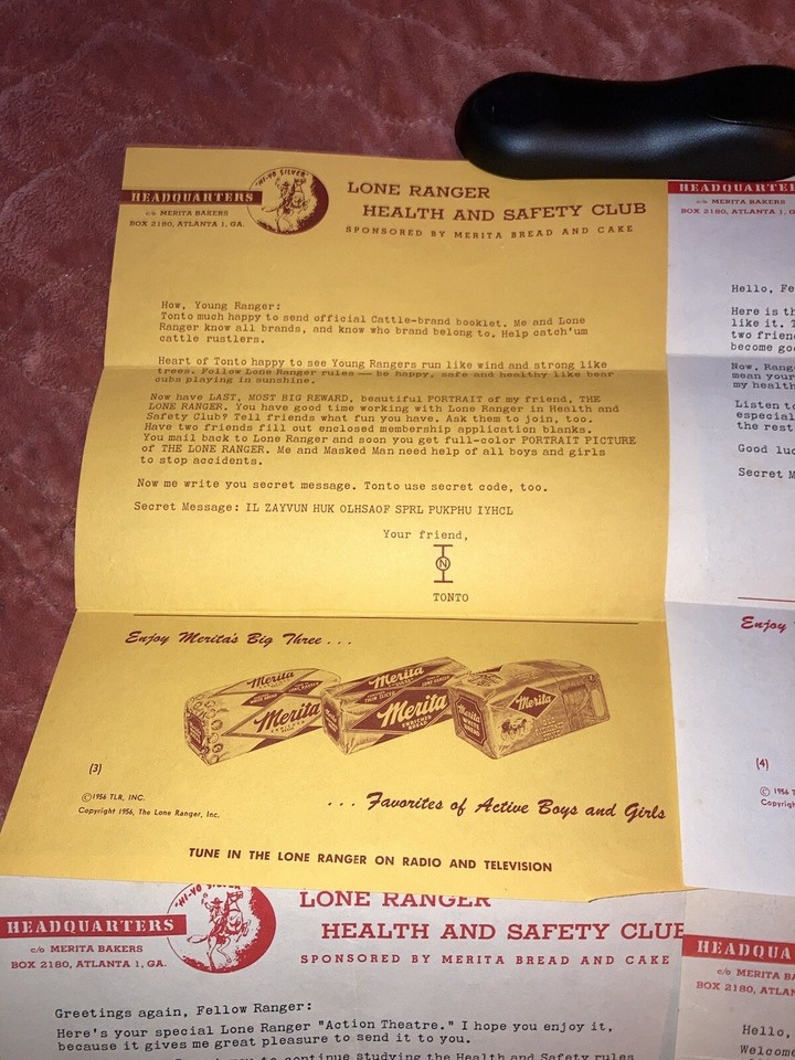1956 Lone Ranger Merita Bread Letters Secret Code Card Club Rules ...