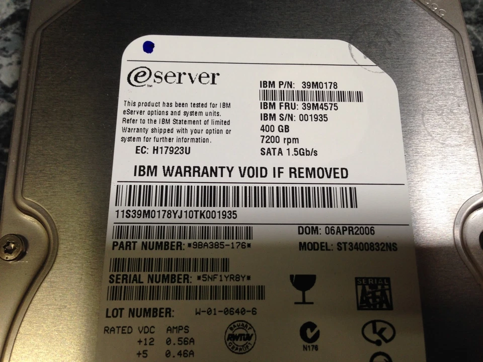 IBM 400GB 7200 RPM SATA HDD 39M0178 9BA385-176 - Image 2 of 3