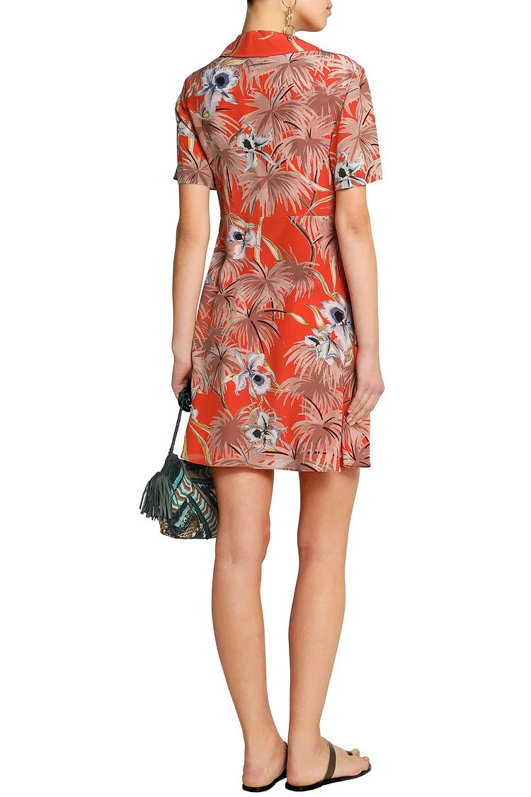 ? Camicia Abito VALENTINO arancione stampa floreale crepe de chine colletto A Line 8 IT44