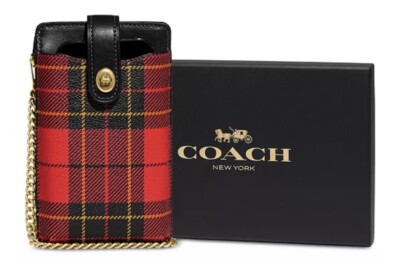 NWT Coach Turnlock Chain Phone Red Multi Crossbody Plaid Print Bag