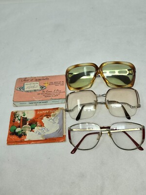 LOT OF 3 VTG EYEGLASSES FRAMES SUNGLASSES WELLING FANTASIA MAGNIVISION +TISSUES