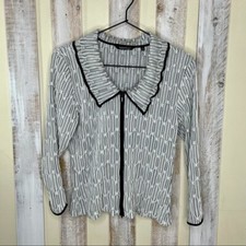 Samuel Dong Womens M Black White Print Zip Blazer Cardigan