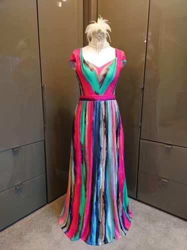 Phase Eight Long Multi Dress 12 Vibrant Pink Green Blue Occasion Stripe Stretch - Picture 4 of 13
