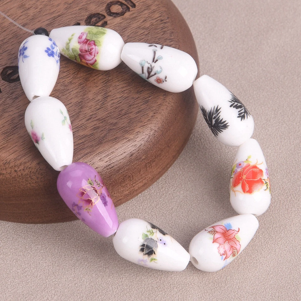 10pcs Flower Patterns 10x20mm Teardrop Shape Ceramic Porcelain Loose Beads Lot - Image 3 of 4