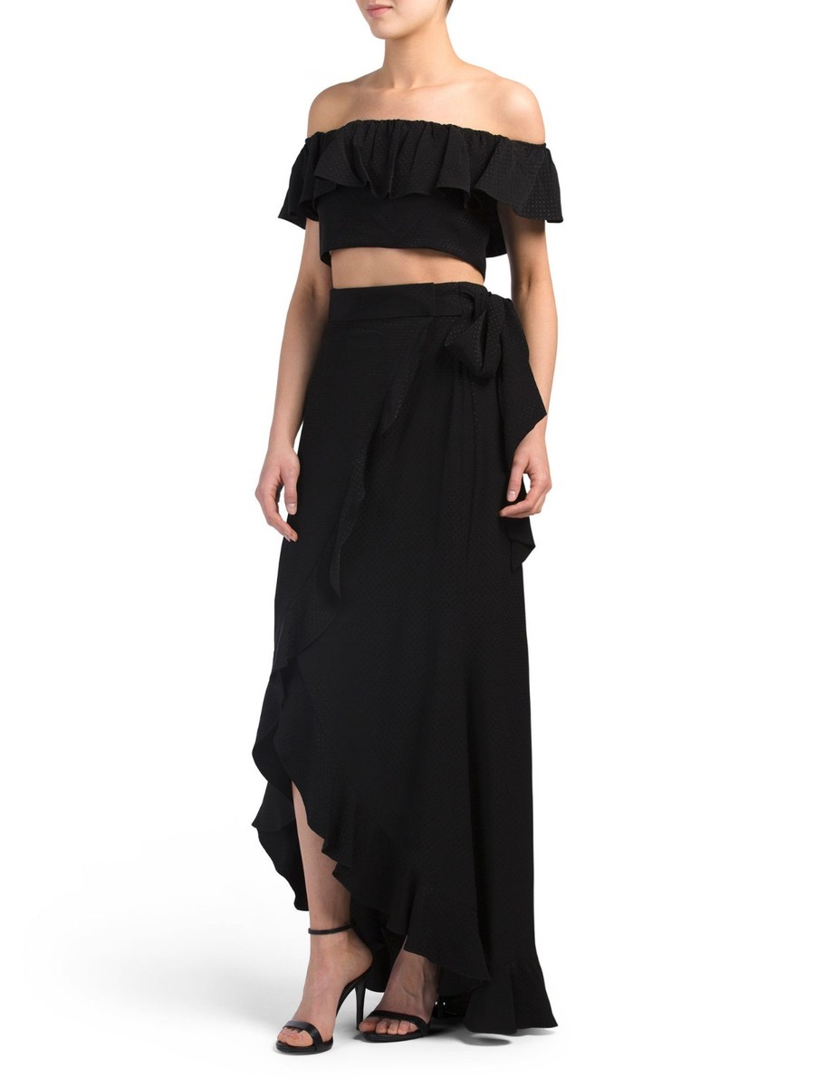 NWT Jay Godfrey Size Black Ruffle Crop Top A-Line Wrap Skirt Set  $455