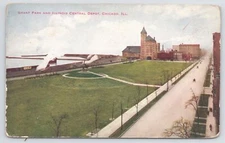 Transportation~Air View Grant Park & IL Central Depot Chicago~Vintage Postcard