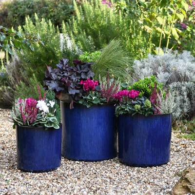 Ocean Blue Glazed Cylinder Planter UV Frost Resistant Flowerpot Garden Gear