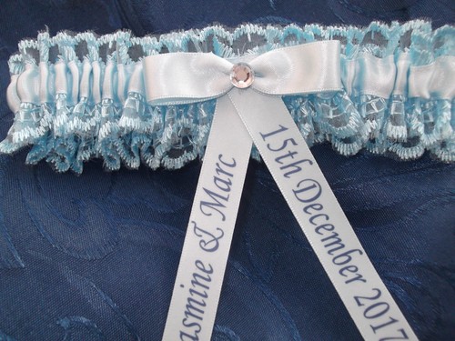 Giarrettiera sposa blu personalizzata design cristallo fatto a mano nuova con scatola - Foto 2 di 5