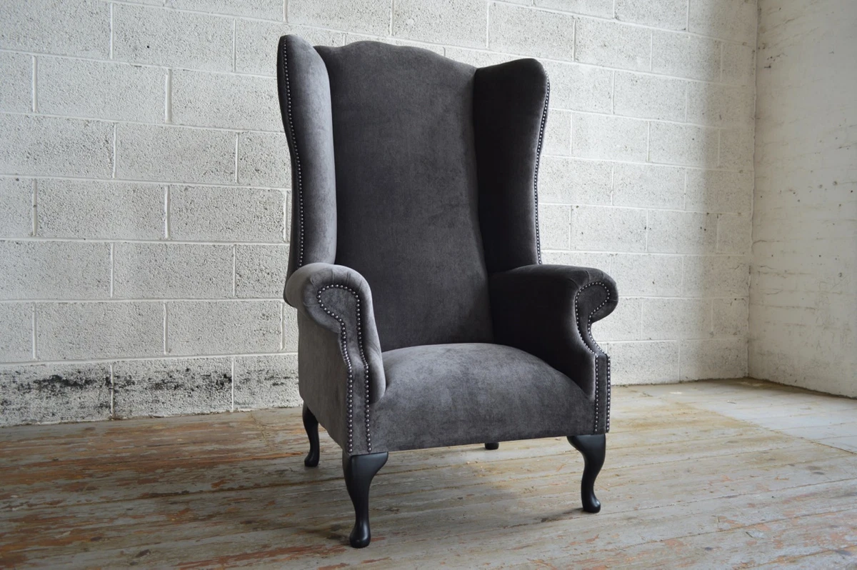 HANDMADE SLATE GREY VELVET FABRIC CHESTERFIELD WING CHAIR HIGH
