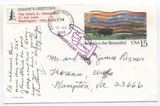 1988 Cedar Rapids IA postal card returned for insuffiicent adress Hampton VA [s.