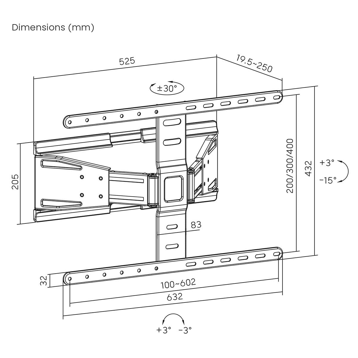 Support mural TV orientable 43 à 90 pouces pour grand écran plat Noir