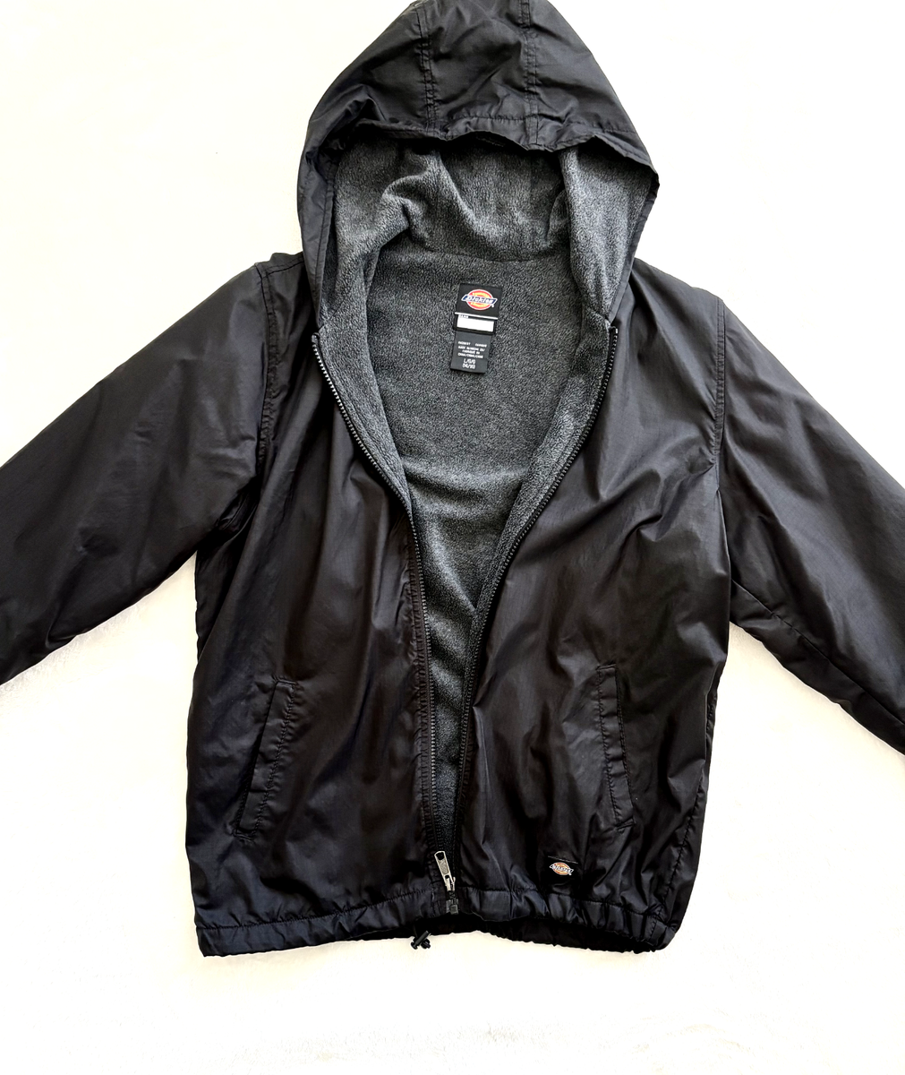 Dickies Boys Jacket L 14/16 Black Nylon Windbreaker Fleece Lined 