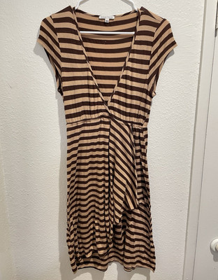 Velvet Torch Striped Dress Small S Brown Tan Asymmetric Ruffle V Neck Mini Tunic