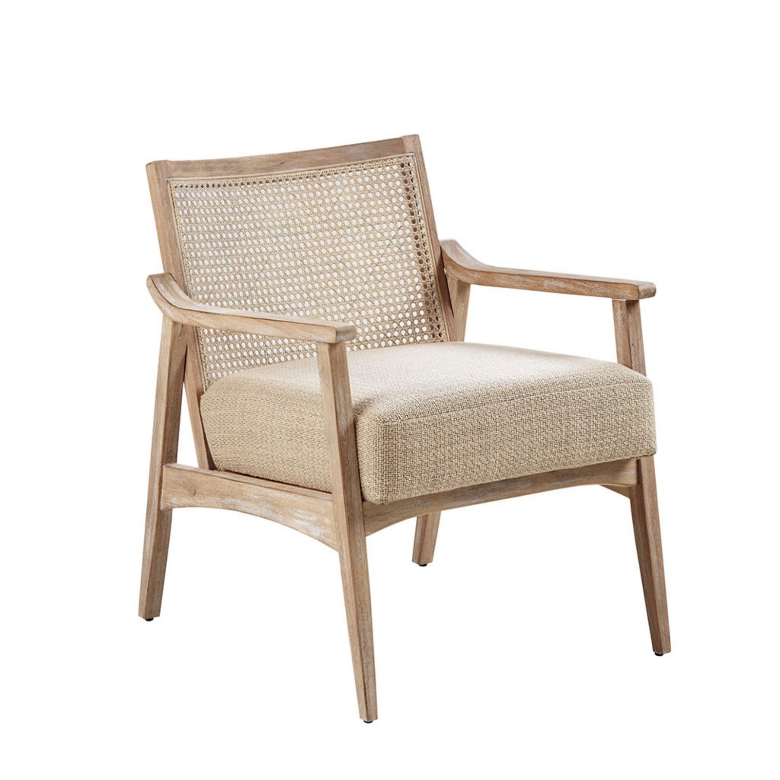 Light Brown Cane Back Chair with Upholstered Seat, Rubber Wood Frame
