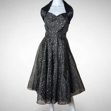 Vivien Of Holloway Black Gold Star HSwing Dress UK 12 Rockabilly Pinup 50s Retro