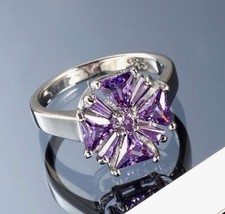 Beautiful 925 Purple  Clear CZ Flower Ring Size 9 