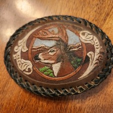 Buck Deer Stag Head Embossed on Leather Hunter Sportsman Cowboy Belt Buckle