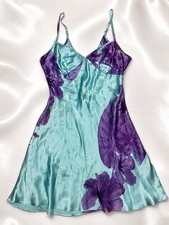 NWT VTG Victoria Secret 100 Silk Mini Slip Dress Size M Teal Blue 90s Coquette