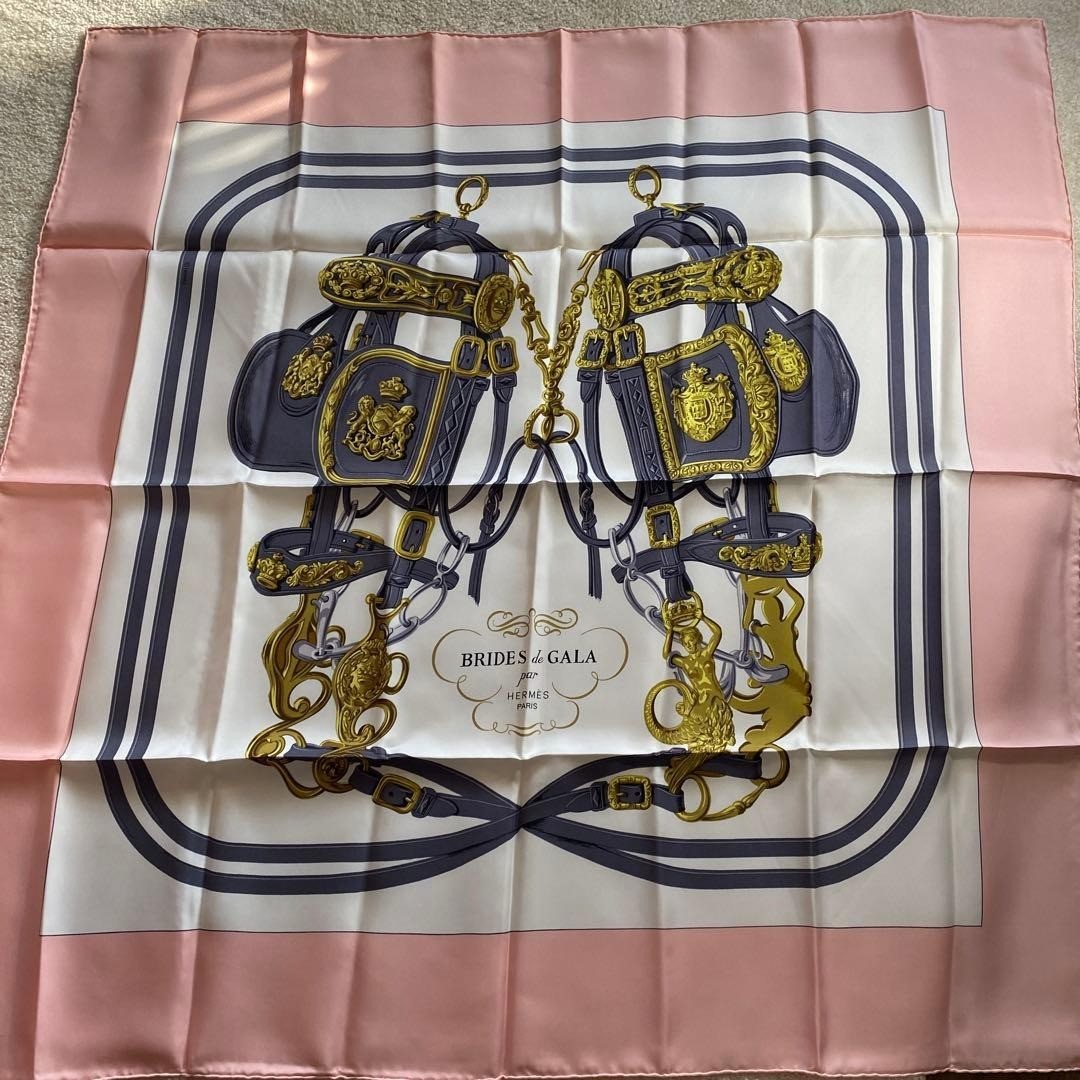 Hermes Silk Scarf Brides de Gala Pink Gold Navy 90cm France Carré Auth from JP