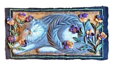 Handcrafted Colorful Cat Wall Art Sculpture Ceramic Tile Decor Floral Design